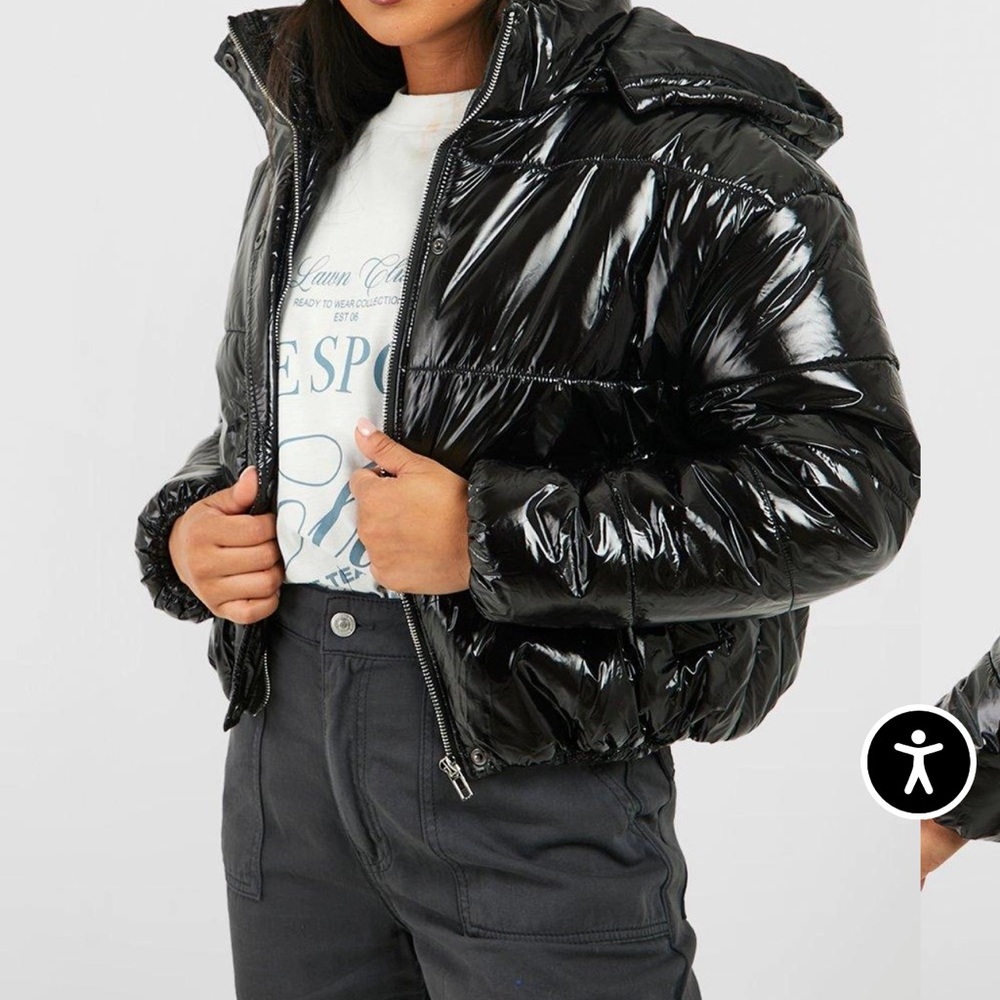 Boohoo Black Petite Hooded Crop High Shine Puffer Jacket